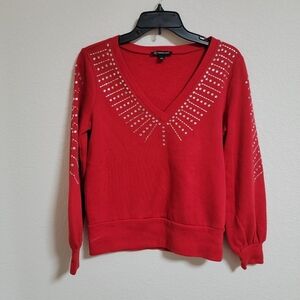 INC International Concepts Red V-Neck Rhinestone Embellished Sweatshirt
